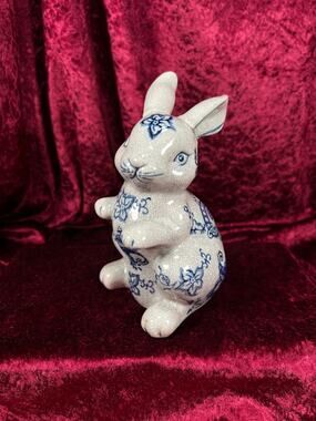Vintage Ceramic Rabbit Figurine - Blue and White Floral Crackle Finish Baum Bros
